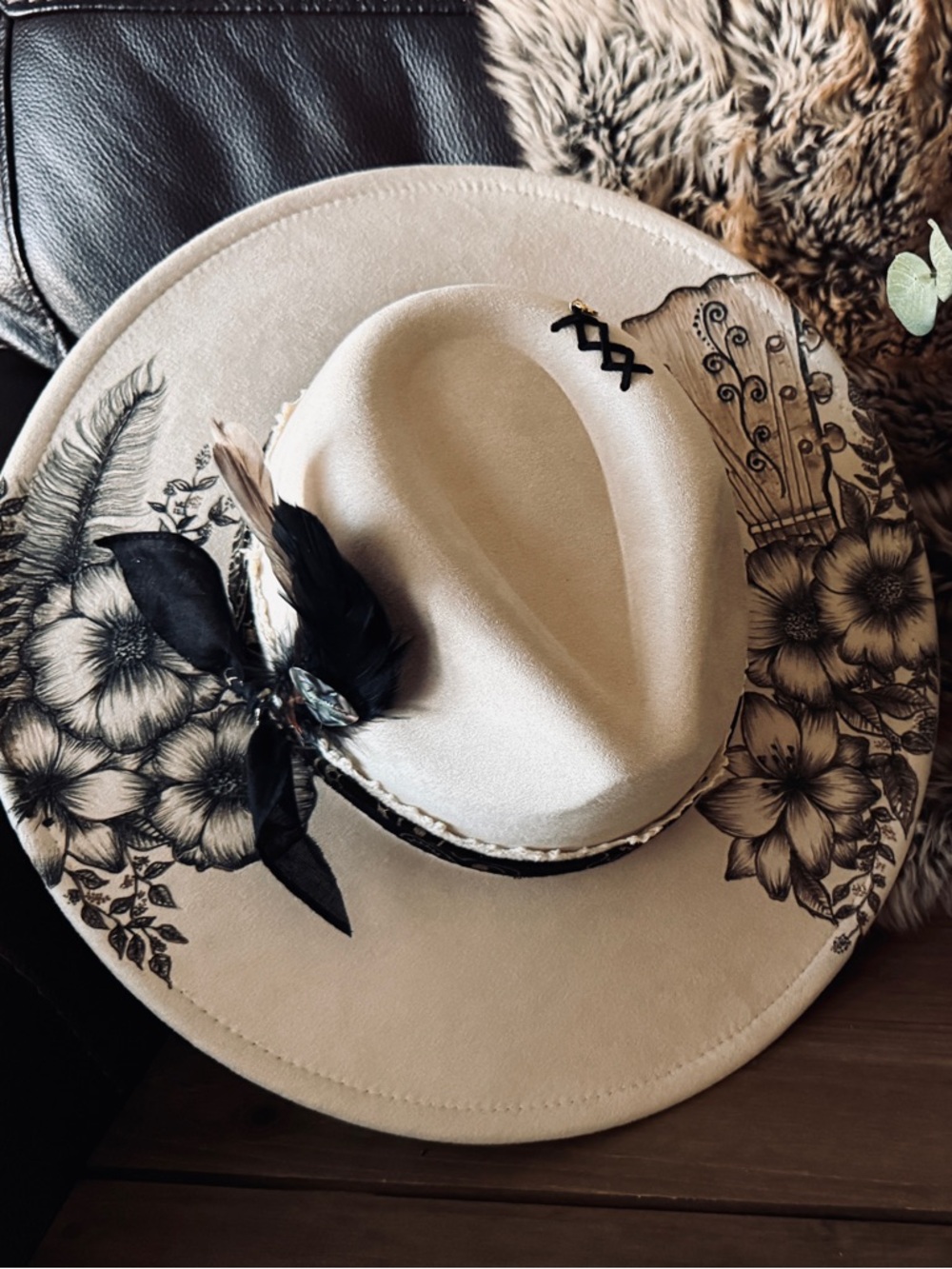 Ivory Western Cowboy Hat with Floral Print and Feather Trim